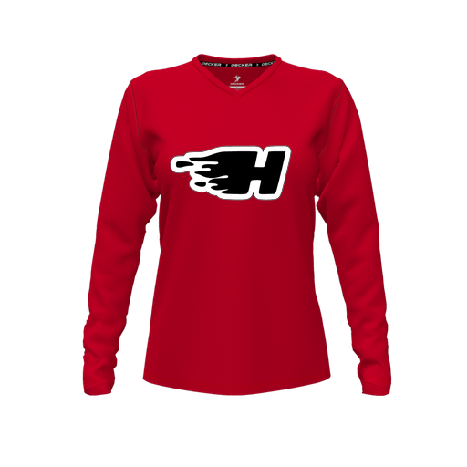 [CUS-DFW-TEES-CMF-VNK-LSL-RED-FYXS-LOGO2] Decker Comfort T-Shirt (Female Youth XS, Red, V Neck, Logo 2, Long Sleeve)