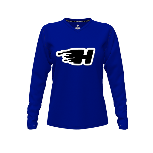 [FTLVPTRY-FYXS-LOGO2] Decker Performance T-Shirt (Female Youth XS, Royal, V Neck, Logo 2, Long Sleeve)