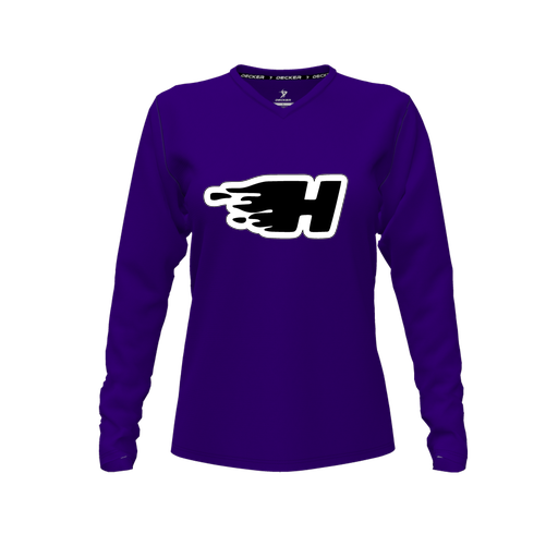 [CUS-DFW-TEES-PER-VNK-LSL-PUR-FYXS-LOGO2] Decker Performance T-Shirt (Female Youth XS, Purple, V Neck, Logo 2, Long Sleeve)